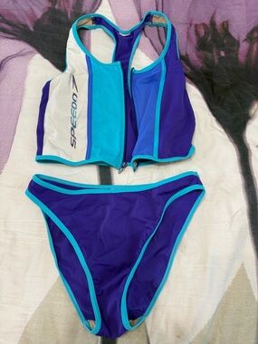 Speedo Purple and Teal Two-Piece Zip-Front Swim Bikini